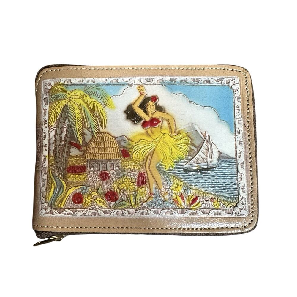 Vtg Hawaii Hand Tooled Leather Wallet Hula Dancer Hawaiian Diamond Head NEW